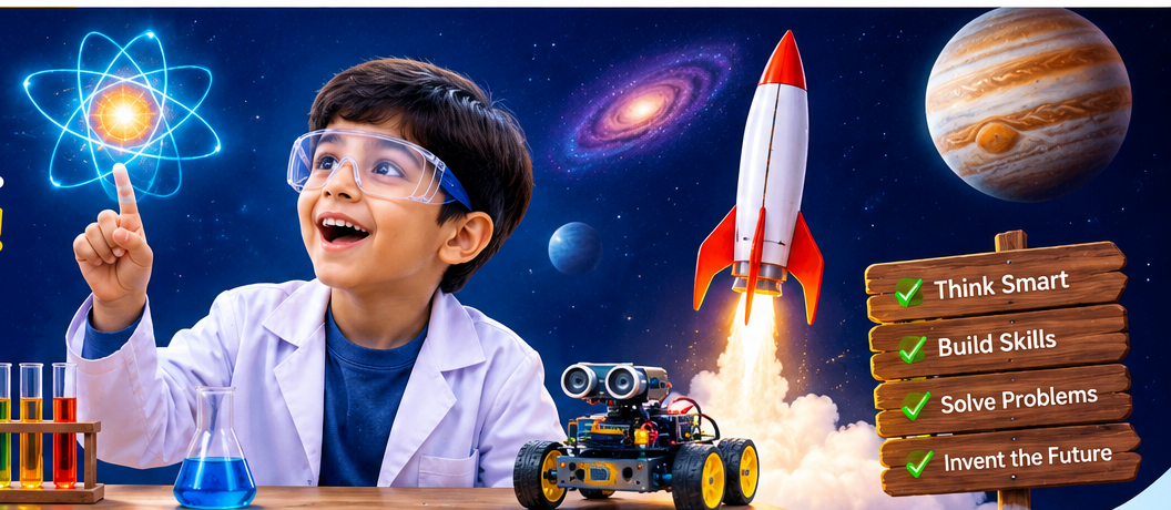 Kid scientist with robot kit, rocket, and space discovery scene